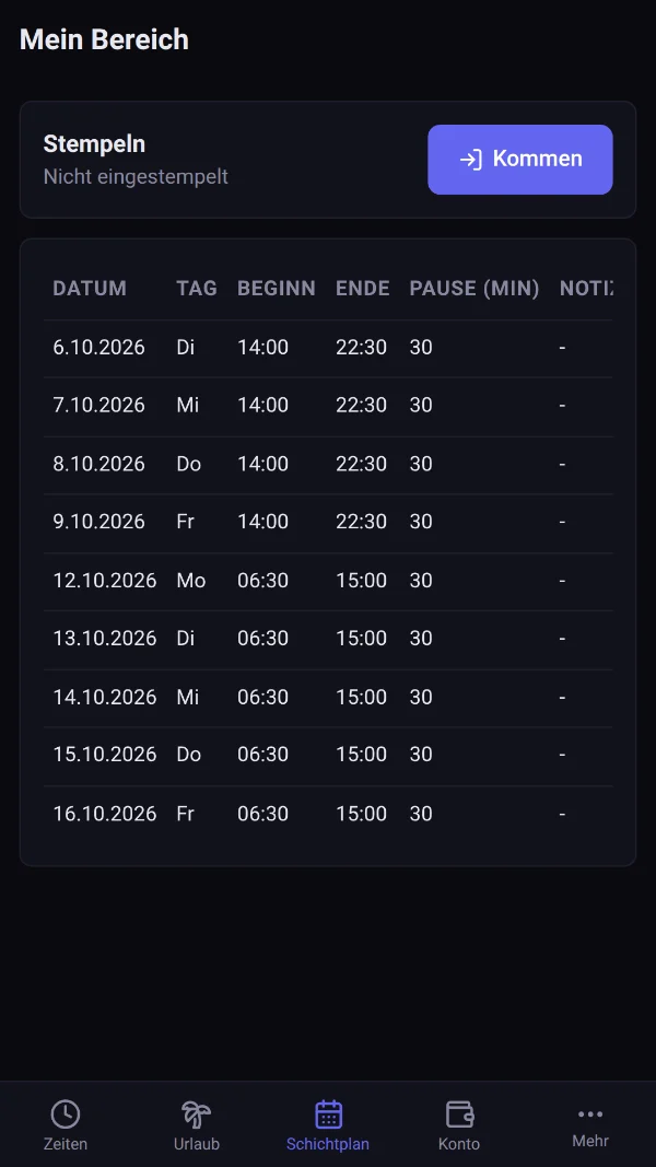 ZeitBar app: eigener Schichtplan (Beispieldaten)