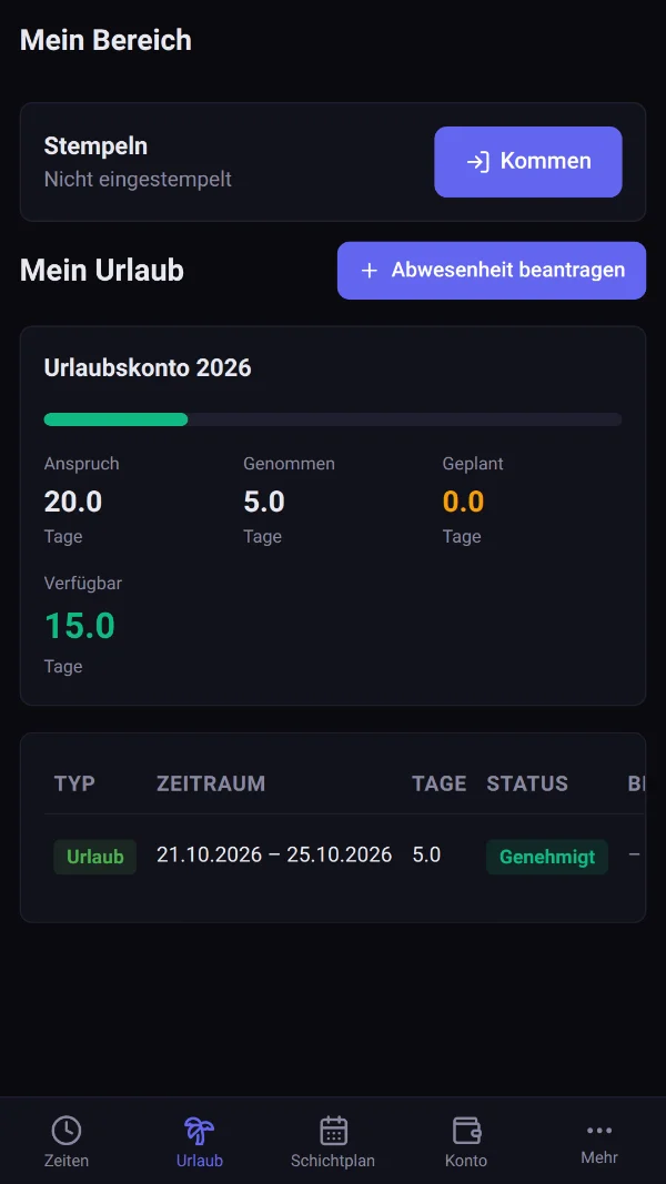 ZeitBar app: Urlaubskonto und Urlaubsantrag (Beispieldaten)