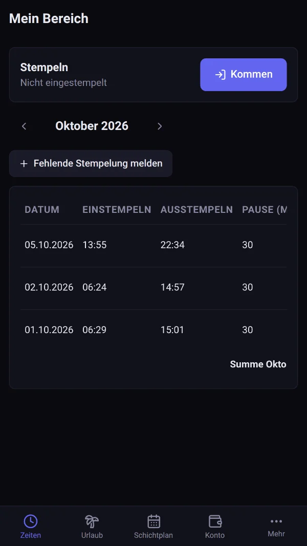 ZeitBar app: Stempeln per Handy und eigene Zeiten (Beispieldaten)