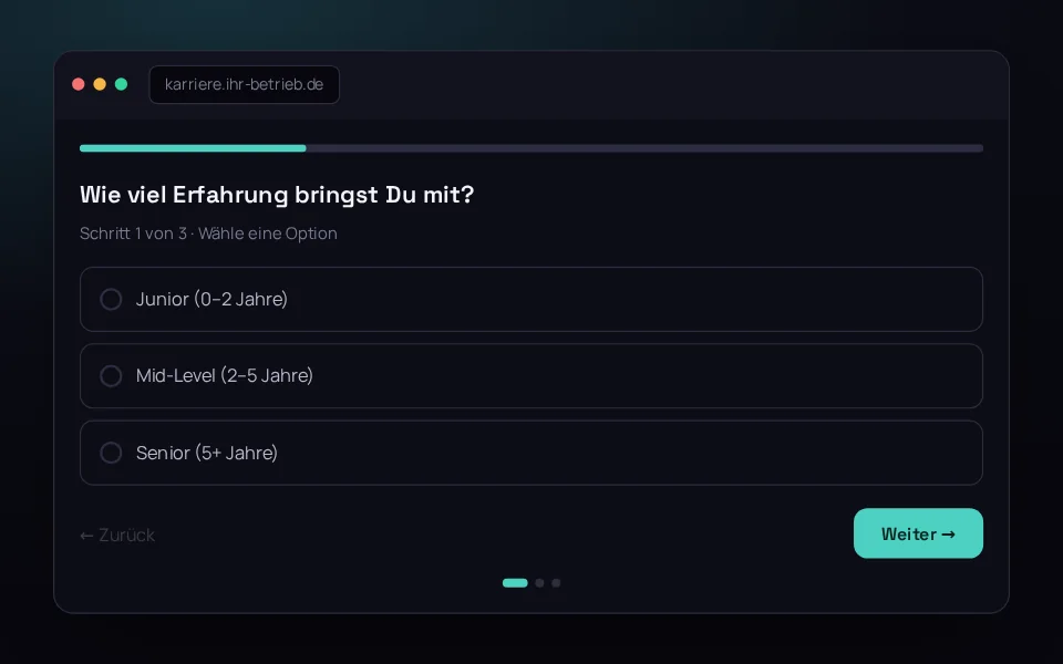 Recruiting Funnel Pro mit einer schrittweisen Bewerbungsfrage und Fortschrittsanzeige